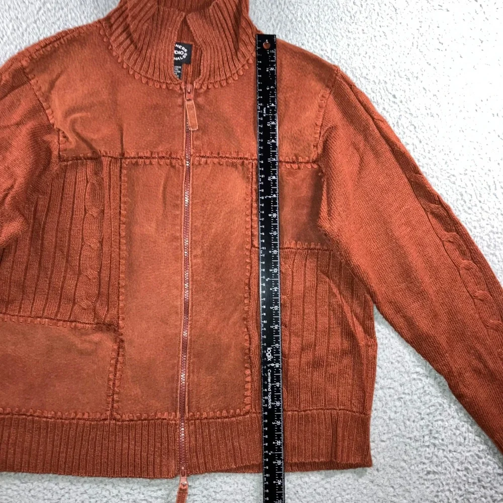Vtg Leather Patchwork Sweater Mens L Rust Orange Knit‎ Two Way Zip Mock Neck y2k